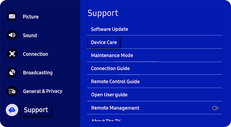 Choose Support then Device Care
