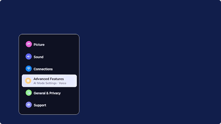 Advanced features selected on TV menu
