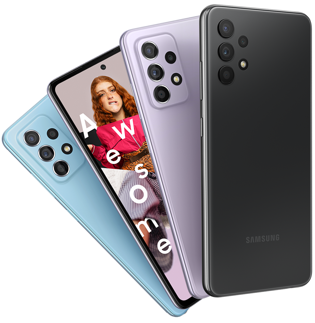 Four Galaxy A52 phones in Awesome White, Awesome Black, Awesome Violet and Awesome Blue fanned out and seen from the rear.