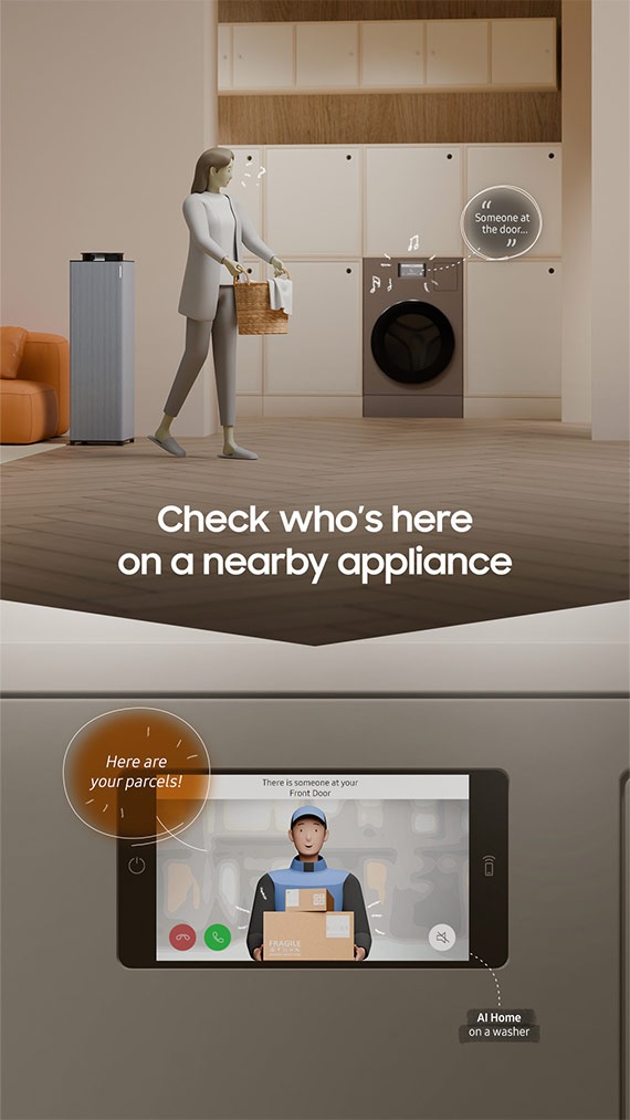 A woman carrying a laundry basket hears a doorbell ring from the washer. It says  someone is at the door. Check who's here on a nearby appliance. Below, a close-up of smartphone. Onscreen is a delivery guy holding packages. He says Here are your parcels! The AI Home on a washer is muted.