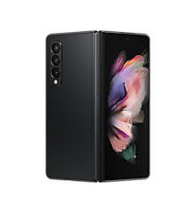 Galaxy Z Fold3 5G, standing upright and folded slightly, with a colorful wallpaper on the Main Screen.