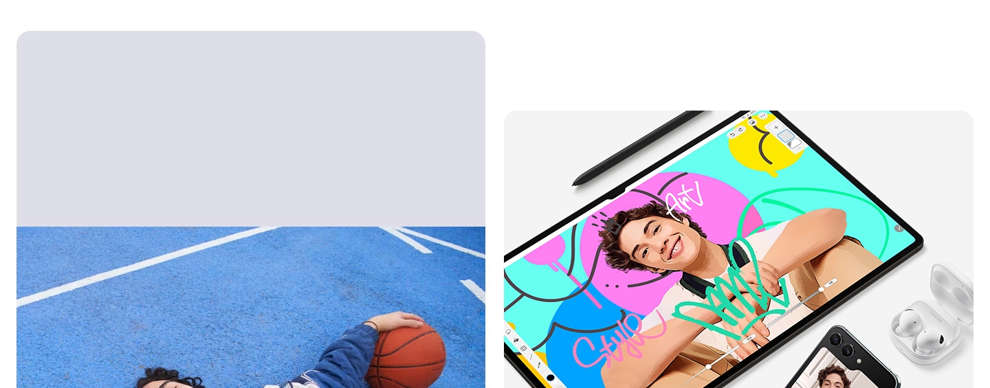 a split image showing a basketball on a court and a Tab s9 on a table with some galaxy buds  on the side.