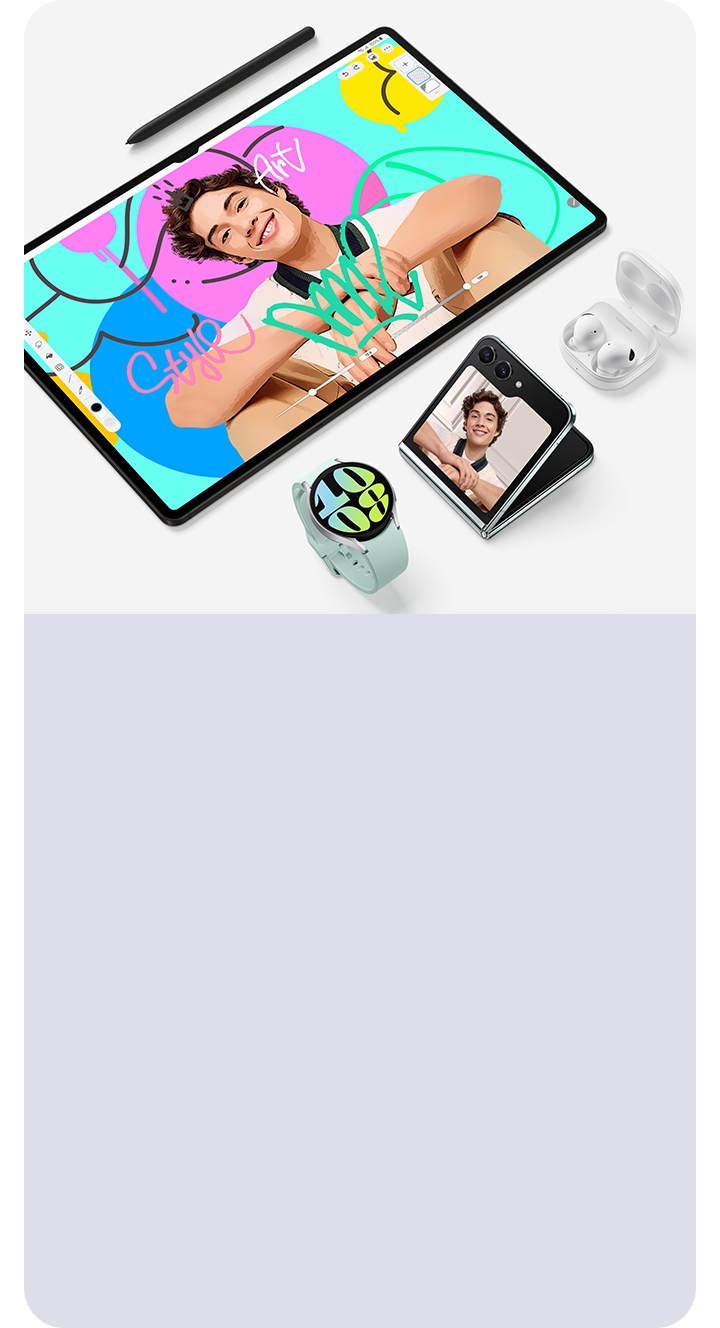 A split image with one image showing a boy lying down on a basketbal court smiling, and a another image showing a Galaxy Watch, and Galaxy Flip5