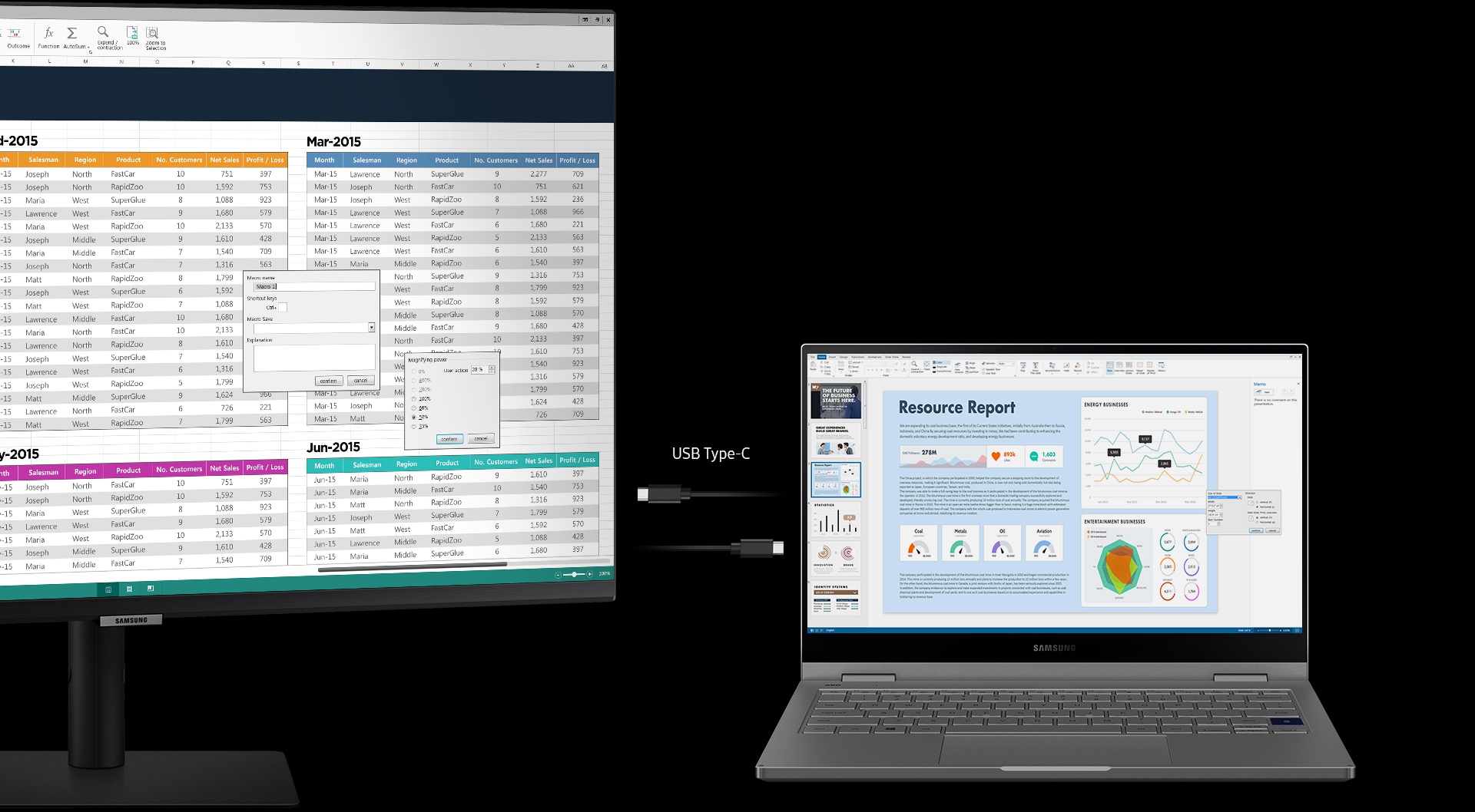 Showing the right hand side of the monitor, it displays a spreadsheet containing several data points including names, numbers and dates. A black USB-C cable goes left and right between the monitor and a laptop. The laptop is placed to the right of the monitor, displaying a report in PowerPoint, containing multiple types of graphs.