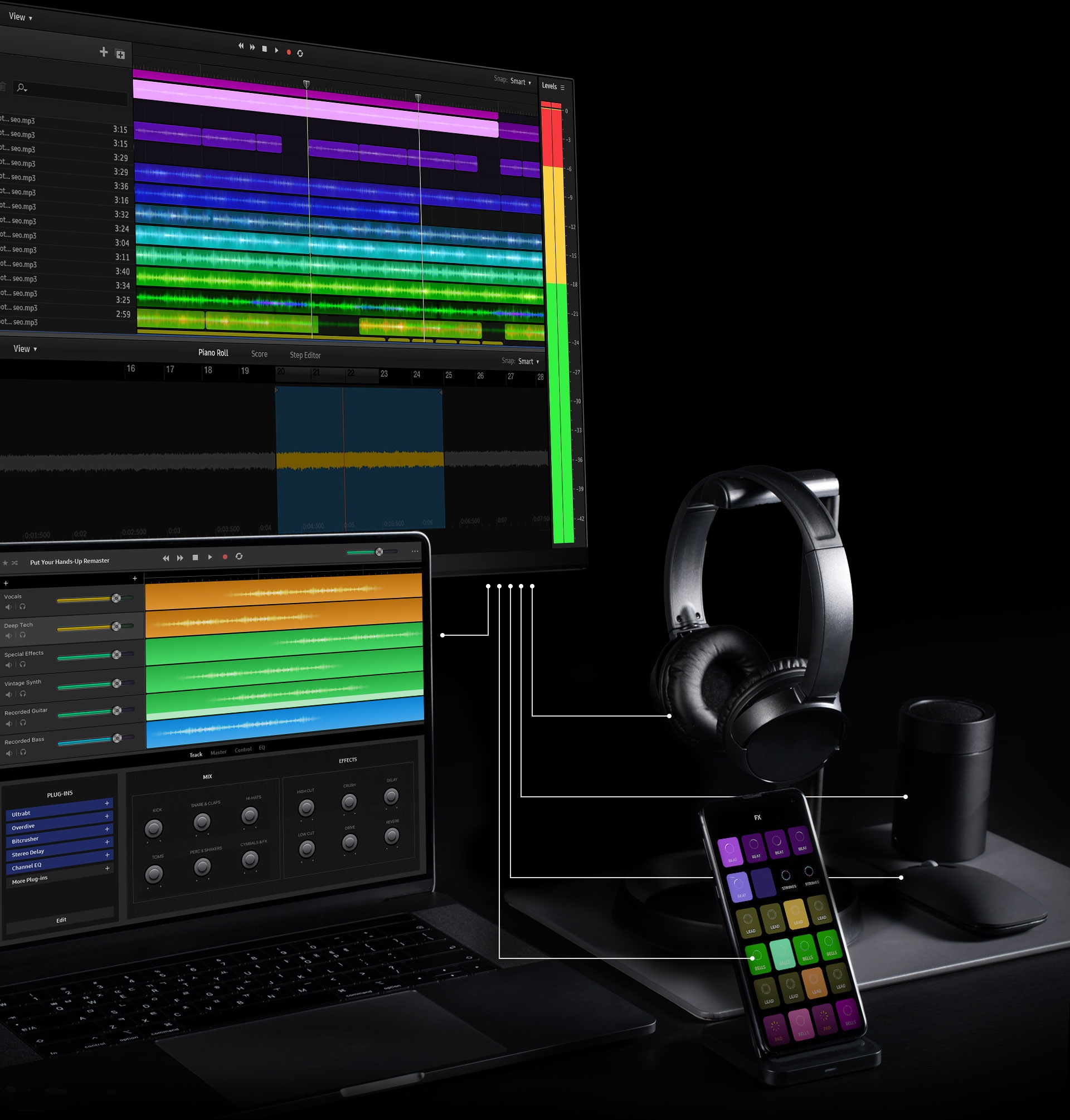 A full docking workspace setup includes monitor, laptop, mobile device, headphones, mouse and speaker. White lines show how the devices can all connect together via the monitor. On the screen of the monitor is music editing software, showing multiple layers of a music track in green, blue, pink and purple colours. On the screen of the laptop, which is placed just below the monitor, shows a different music editing software. This shows additional music track layers in blue, green and orange colours. The mobile device, placed to the right of the monitor and laptop, shows multiple filter options in purple, khaki green, beige and brown colours.
