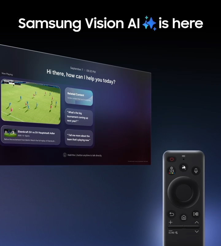 Samsung Vision AI is here logo clicks on a remote's Vision AI button. Features like Copilot, Generative Wallpaper, Perplexity and AI Mode appear on a monitor displaying the Vision AI UI. As the microphone button is pressed, voice commands show. What was the final score? Find nearby delivery pizzerias.