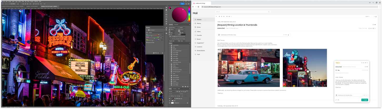 There is a video editing tool on the left, and on the right side, there is a browser with an email.
