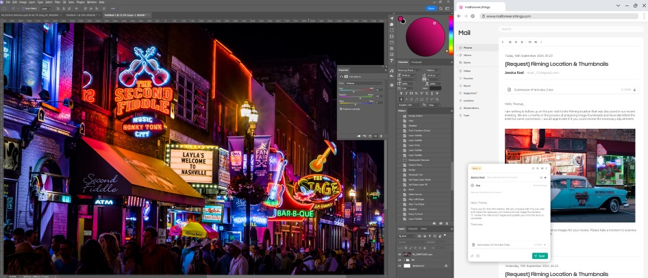 There is a video editing tool on the left, and on the right side, there is a browser with an email.