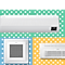 Samsung wall mounted air conditioner is hanging on a wall with white dots on a yellow, blue, and red color background. Samsung wall mounted AC is operating in WindFree™ mode for energy saving.