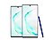 Front-facing shot of an upright Galaxy Note10 and Galaxy Note10+ overlaying each other side to side with an S Pen leaning on the side