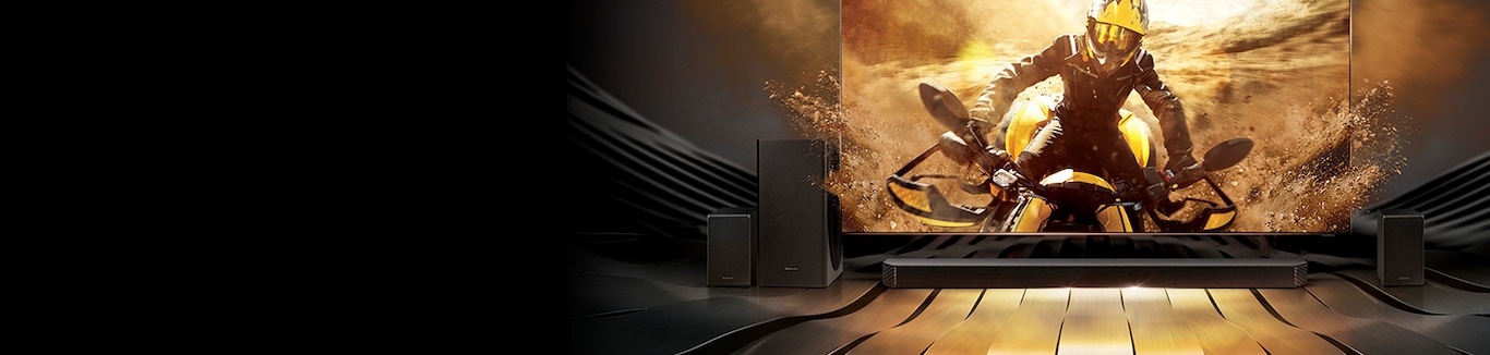 New 2020 Samsung Q950T soundbar and QLED TV are placed together showing dynamic motocycle scene on the screen