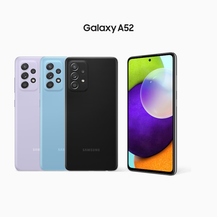 A row of Awesome Violet, Awesome Blue, Awesome White and Awesome Black A52's have their rear sides facing forward, with another model on the right side facing forward at a slight angle.
