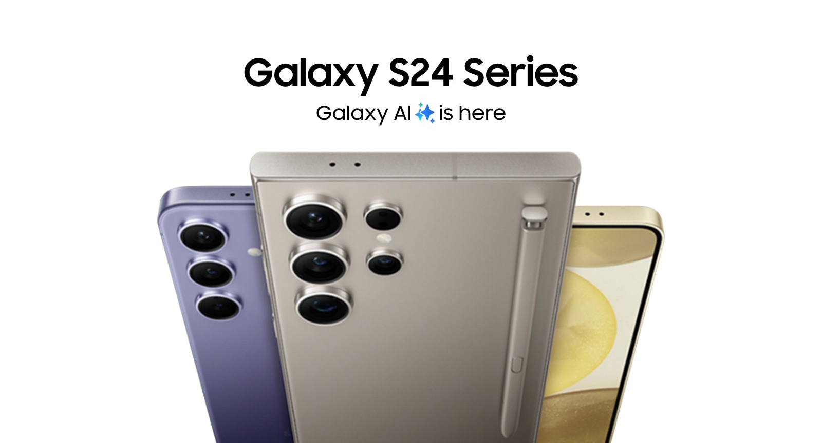 Three Galaxy S24 series devices. One Galaxy S24 Plus in Cobalt Violet seen from the rear, one Galaxy S24 Ultra in Titanium Gray seen from the rear with the built-in S Pen and one Galaxy S24 in Amber yellow seen from the front. Galaxy S24 Series.