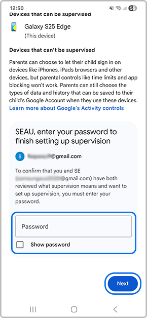 Re-enter child's password, then tap on next