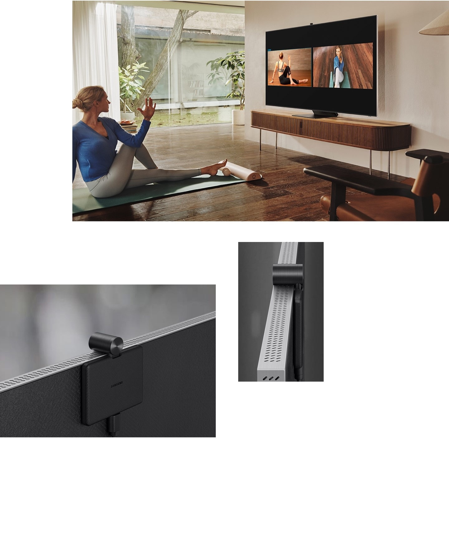 First, a woman is working out in her living room using the Slim Fit Cam. Her posture is reflected on the Neo QLED on a Multi View screen. Second, the backside of a Slim Fit Cam is on display installed to a Neo QLED. Third, a side view of a Slim Fit Cam is on display installed to a Neo QLED.