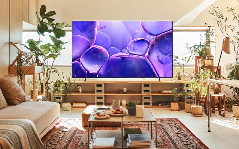 A 98 inch Supersize TV is mounted on a wall in a living room displaying nature.