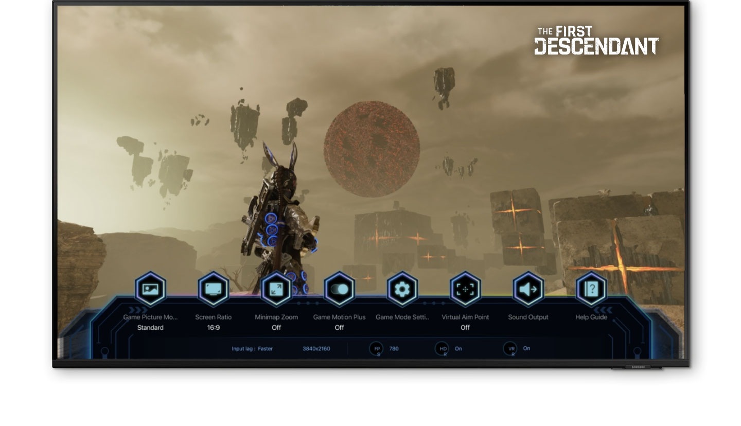 A game scene from 'The First Descendants' is on display. The game bar, featuring essential settings, showcases the game picture mode set to standard, a screen ratio of 16:9,  minimap zoom set to off, game motion plus set to off, and virtual aim point set to off. Additionally, the game bar displays a sound output option and offers guidance through the help guide feature.
