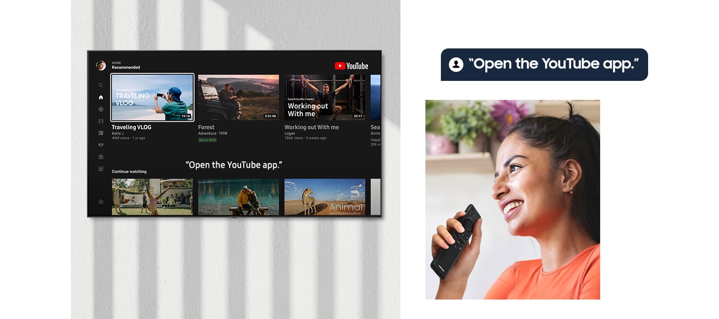 A woman is saying 'Open the YouTube app' to Samsung One Remote Control using voice control, and then a Smart TV mounted on the wall opens the YouTube app.