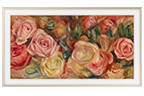 Samsung's The Frame TV is set on a wall. The screen shows a painting of roses. A logo reads It's The Frame.