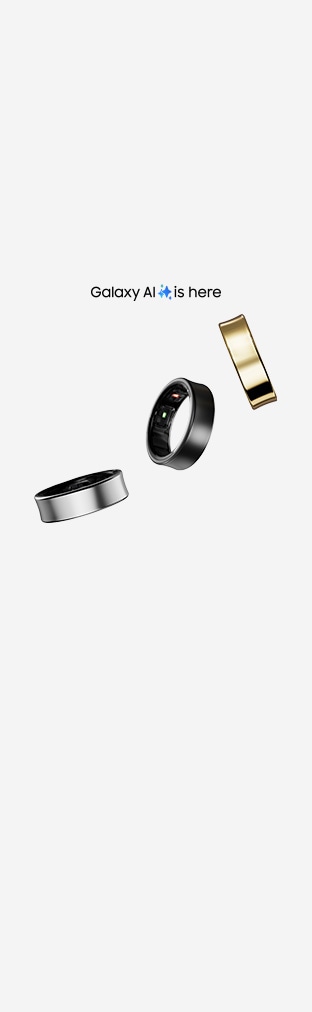 Three Galaxy Rings are in a falling motion from the right to the left. The top one on the right shows the side of the ring. The middle one is tilted to show the inner part of the ring. The last one on the left is slightly tilted than the middle one. The text 'Galaxy AI is here' with a Galaxy AI icon can be seen.