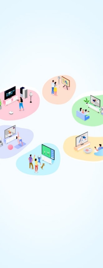 Showcase of 6 scenarios for Samsung Smart TVs, including exercising, watching sports, watching TV, gaming, enjoying art and managing a smart home.