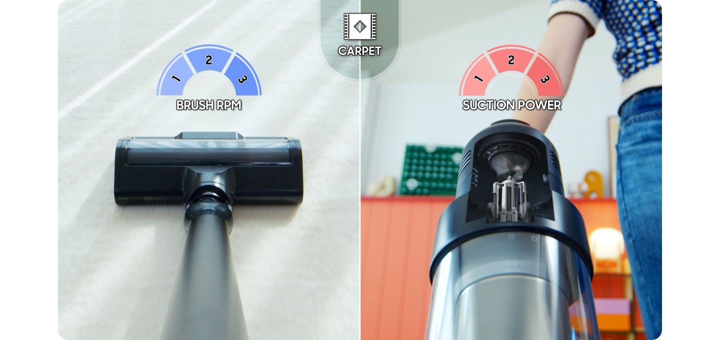 A woman cleans a room with a Bespoke Jet™ AI. Three features of the Bespoke Jet™ AI are highlighted: suction power&brush RPM, air pressure sensor, and brush load sensor. 4 cleaning scenarios are demonstrated: carpet, hardwood floor, mat, and movement. The brush RPM and suction power are automatically adjusted for each scenario. For carpet, the brush RPM and the suction power are set to 3. For hardwood floor, the brush RPM and suction power are set to 2. For mat and the movement scene, the brush RPM and the suction power is set to 1.