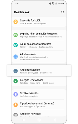 A Beállítások menü képe, amelyen ki van emelve az „Általános kezelés” lehetőség.