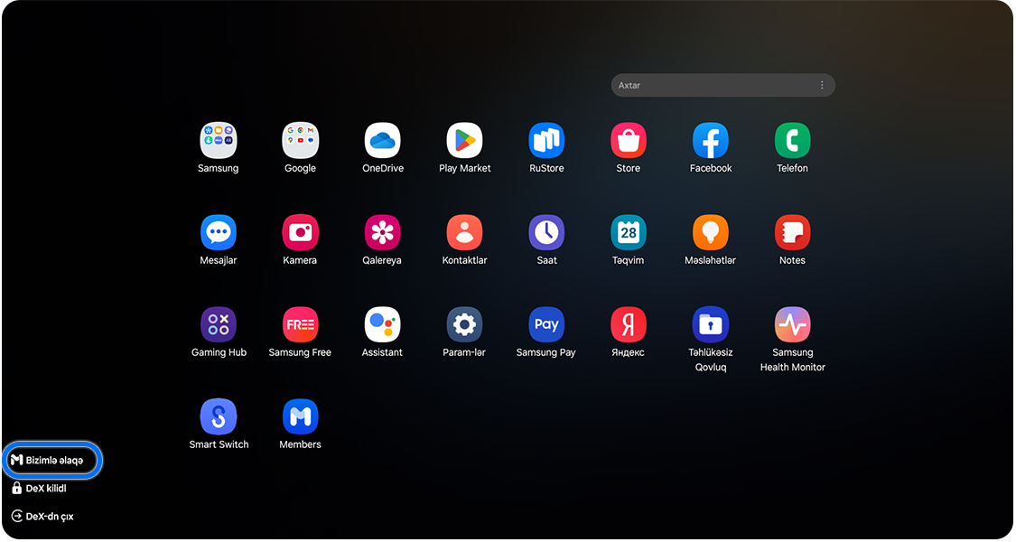 Samsung DeX-də "Bizimlə əlaqə saxlayın" düyməsi