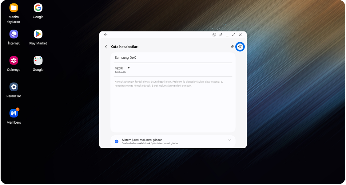 Samsung DeX-də xəta zamanı hesabatın göndərilməsi