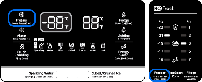 Power Freeze funksiyasının qoşulması düyməsinin yerləşmə nümunəsi Samsung soyuducularının idarəetmə panellərindədir.