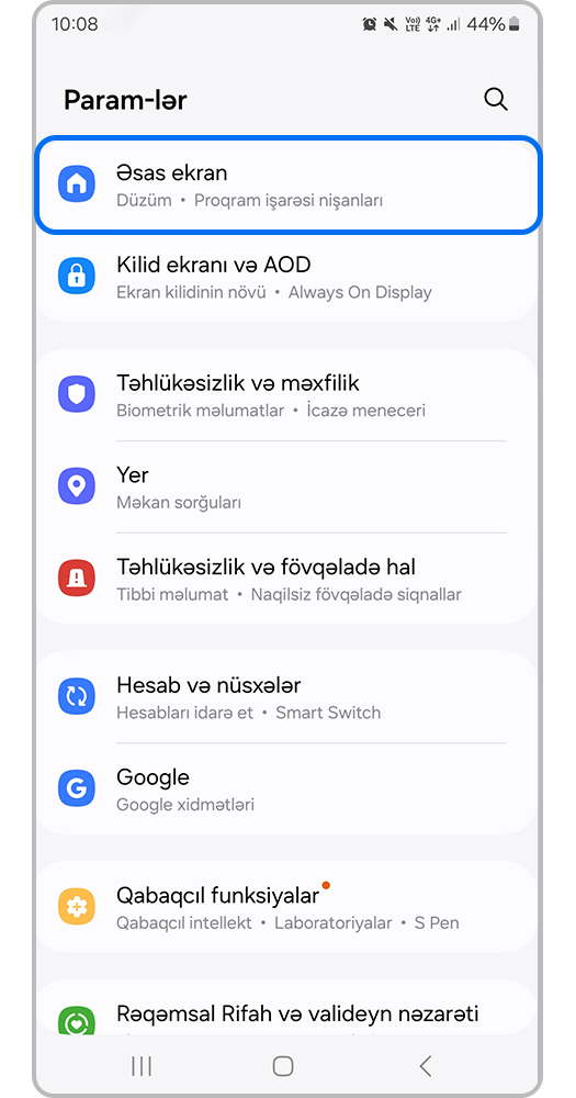 Əsas ekran un üzərinə basın;