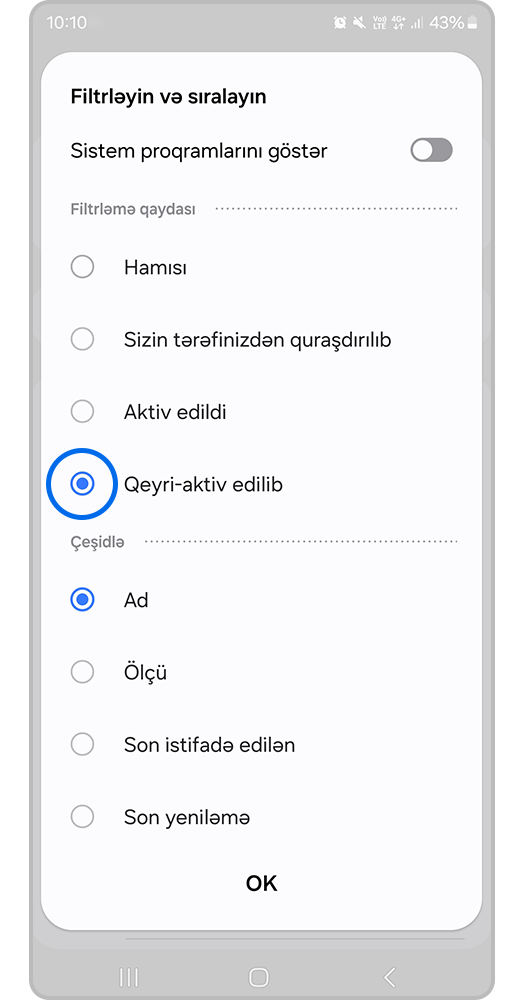 Söndürülüb  filtrini seçin;