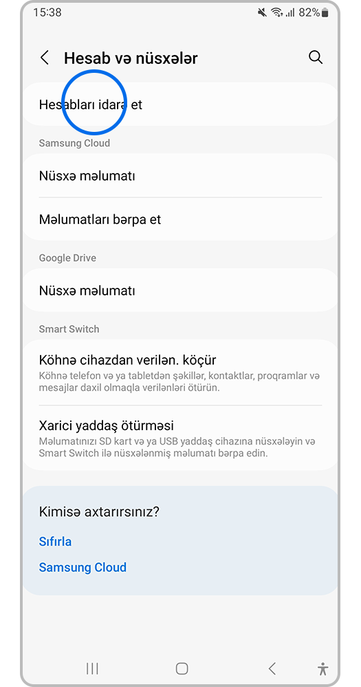 Hesabları idarə et seçin