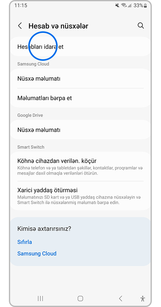 "Hesabları idarə et" seçin