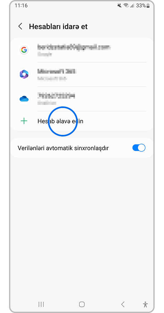"+ Hesab əlavə edin" üzərinə klikləyin.