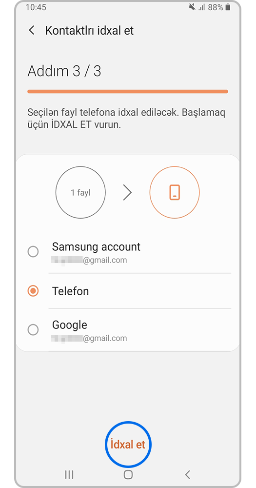 Kontaktları yükləmək üçün yaddaşı seçin və İdxal et düyməsini basın.