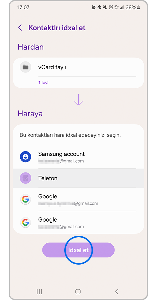 Kontaktları yükləmək üçün yaddaşı seçin və İdxal et düyməsini basın.