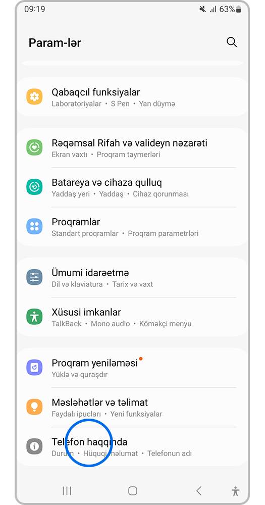 "Param-lər" açın və "Cihaz haqqında" və ya "Telefon haqqında" məlumat seçin