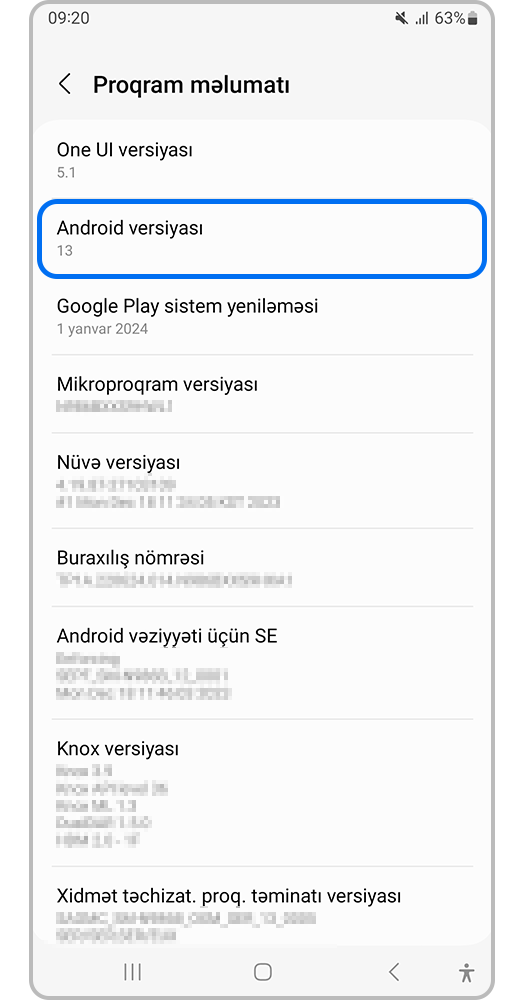"Android versiyası" bölməsində hazırda quraşdırılmış versiya göstərilir.