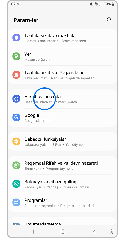 "Parametrlər" açın və "Hesab və nüsxələr" seçin.