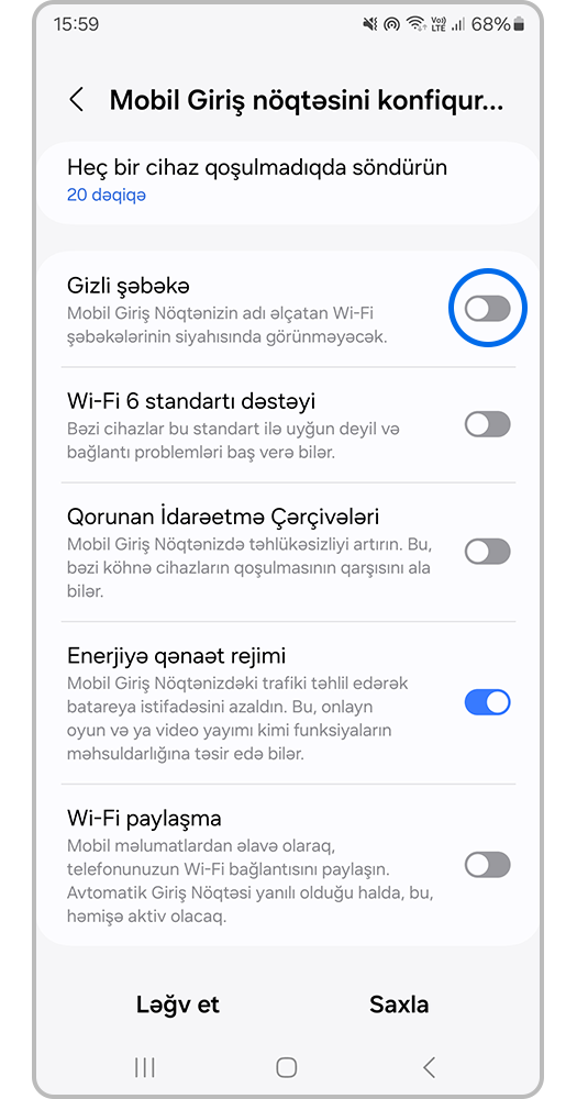 "Gizli şəbəkə" funksiyasını aktivləşdirin