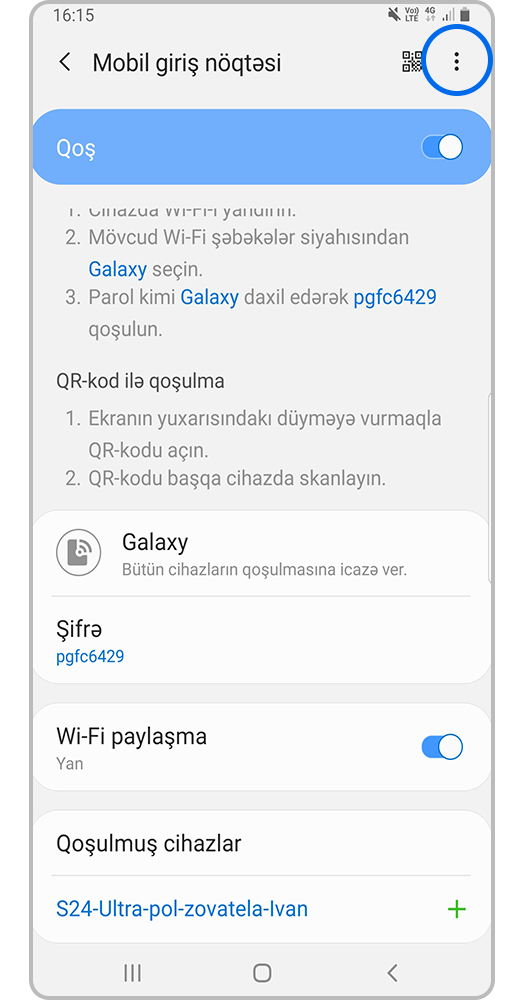 “⁝Seçimlər (üç nöqtə)” üzərinə vurun