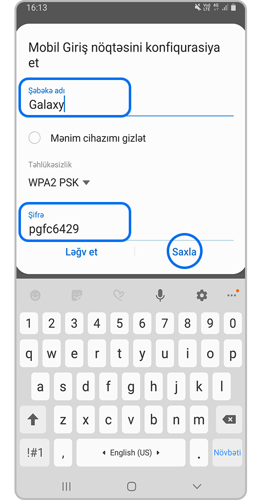 Yeni ad və/və ya parol daxil edin. Sonra Saxla üzərinə vurun.