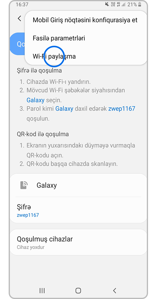 Wi-Fi paylaşma funksiyasına keçin.
