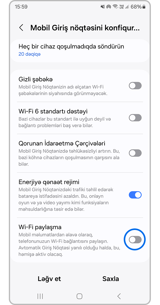 Wi-Fi paylaşma funksiyasını aktivləşdirin.