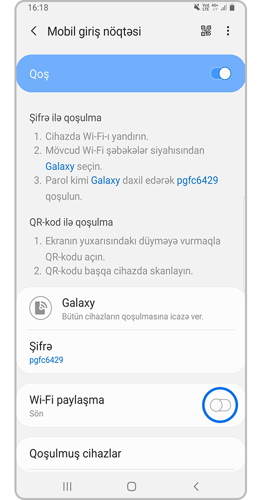 Wi-Fi paylaşma açarına toxunun.