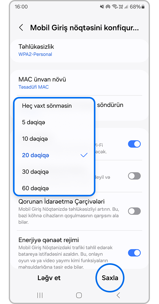 İstədiyiniz vaxt intervalını seçin və Saxla düyməsini vurun.