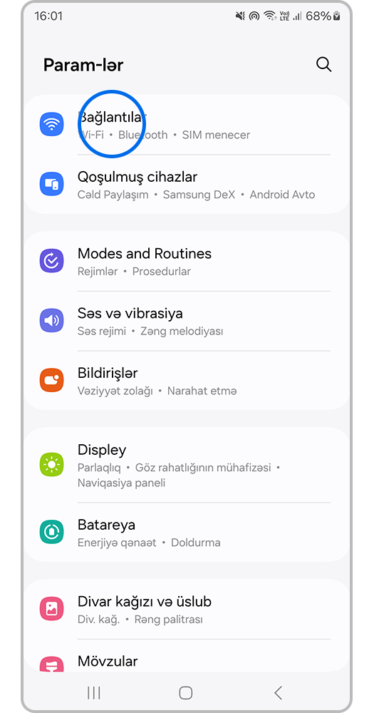 «Parametrlər > Bağlantılar» bölməsini açın