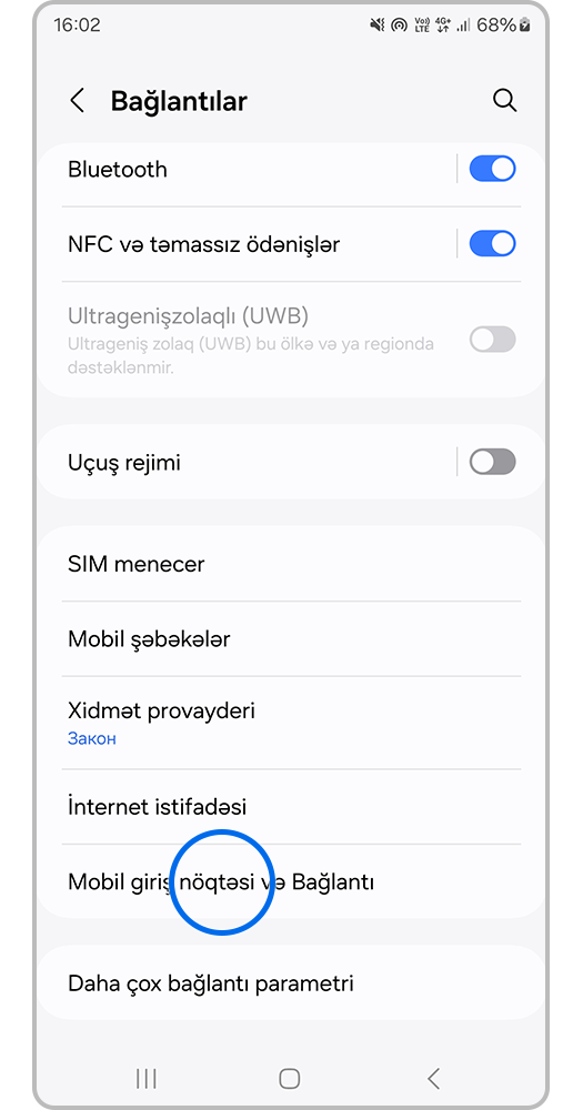 Mobil giriş nöqtəsi və Bağlantı bölməsini seçin.