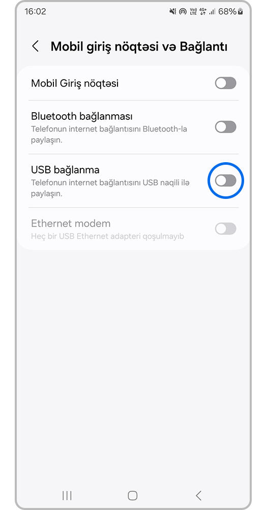 USB bağlanma bölməsini aktivləşdirin
